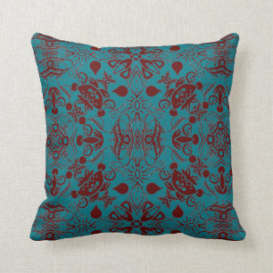 Chestnut Brown and Dark Turquoise Flourishes Throw Pillow