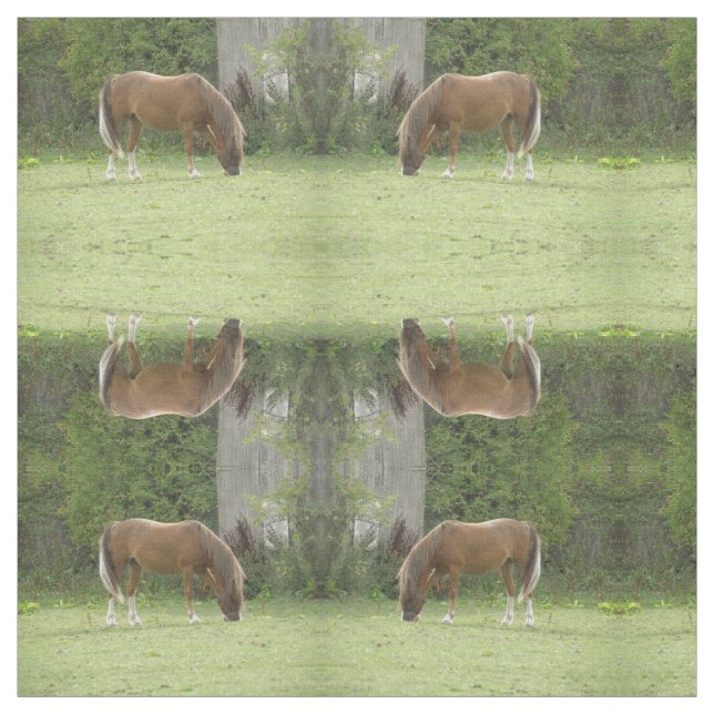 Chestnut Brown Horse Grazing Patterned Animal Fabric (Swatch)