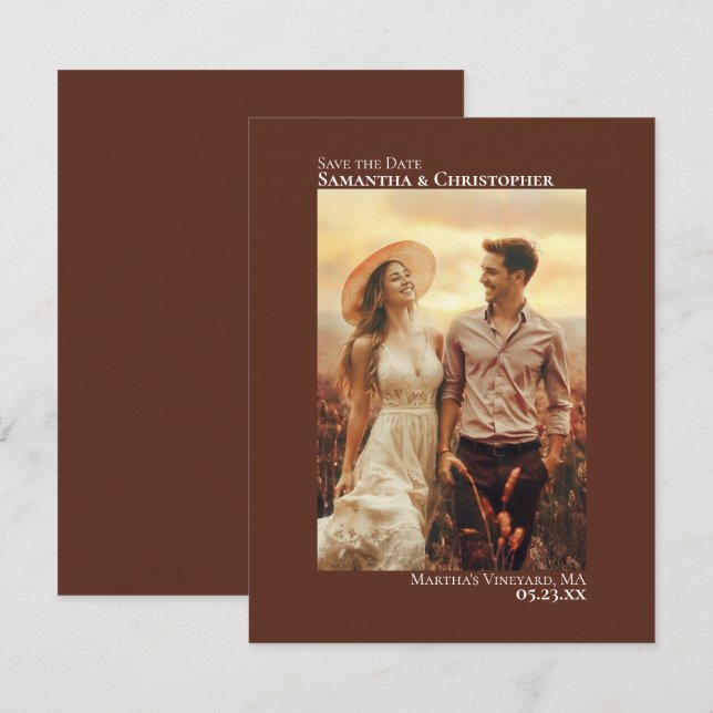 Chestnut Brown Vertical Photo Minimalist Wedding Save The Date (Front/Back)