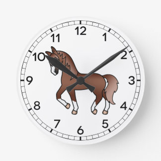 Chestnut Cute Cartoon Trotting Horse Illustration Round Clock