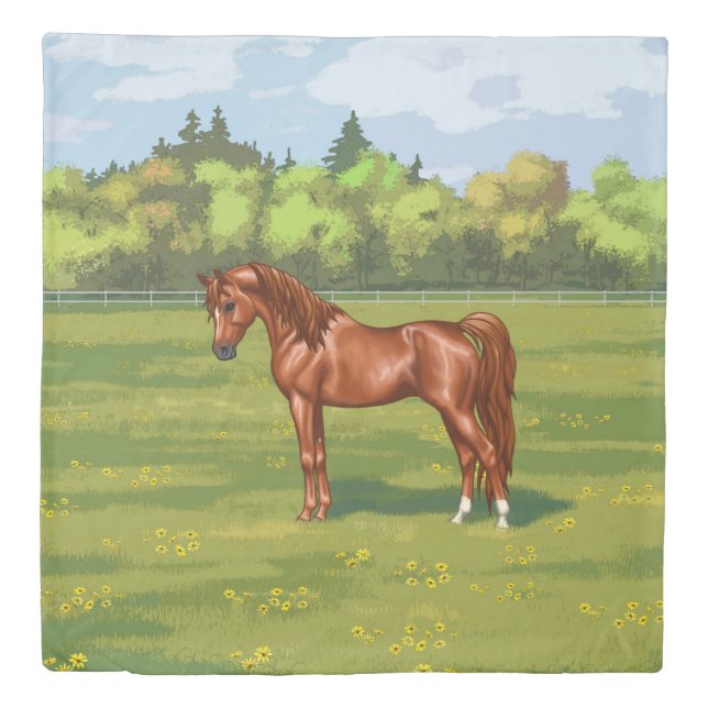 Chestnut Egyptian Arabian Horse in Spring Pasture Duvet Cover (Front)