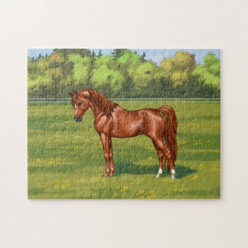 Chestnut Egyptian Arabian Horse in Spring Pasture Jigsaw Puzzle