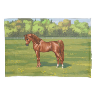 Chestnut Egyptian Arabian Horse in Spring Pasture Pillow Case