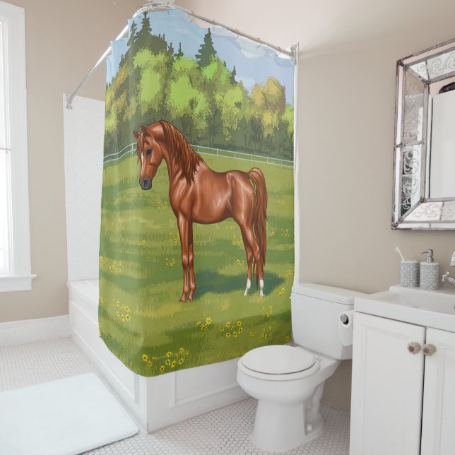 Chestnut Egyptian Arabian Horse in Spring Pasture Shower Curtain (In Situ)