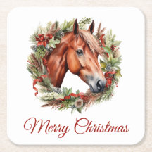 Chestnut horse and Christmas Wreath Watercolor