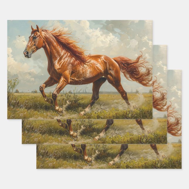 Chestnut Horse Galloping Oil Painting Decoupage Wrapping Paper Sheets (Set)