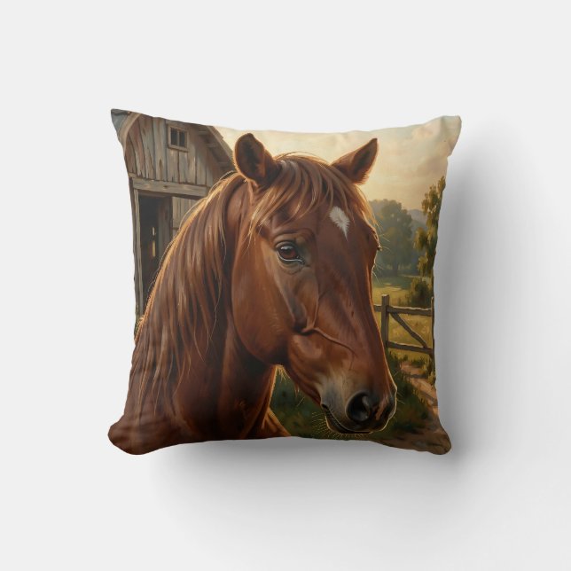 Chestnut Horse Golden Hour Barn Throw Pillow (Front)