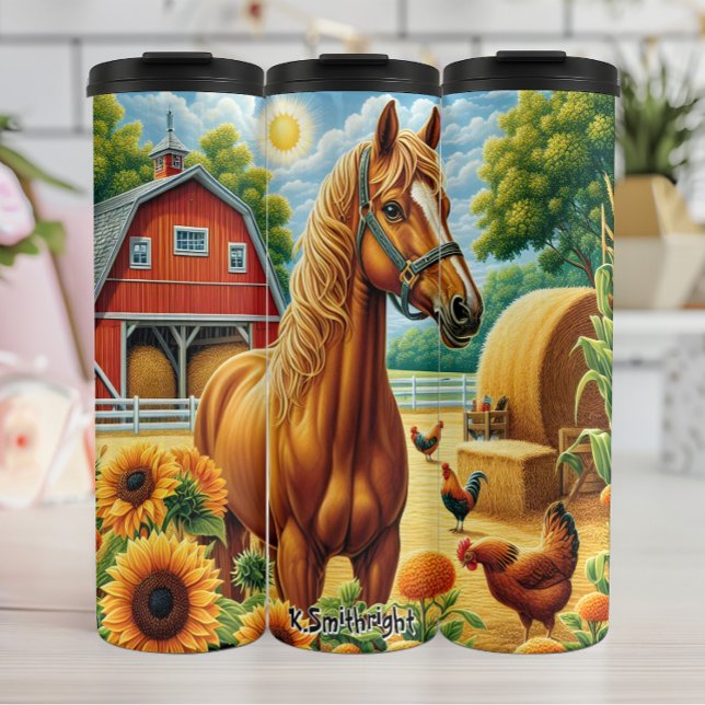 Chestnut Horse in Sunny Farmyard Thermal Tumbler (Creator Uploaded)