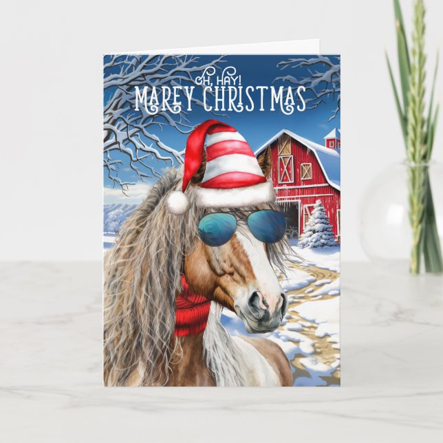 Chestnut Miniature Horse Funny MAREy Christmas Holiday Card (Front)