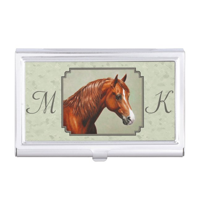 Chestnut Morgan Horse Sage Green Business Card Holder (Front)