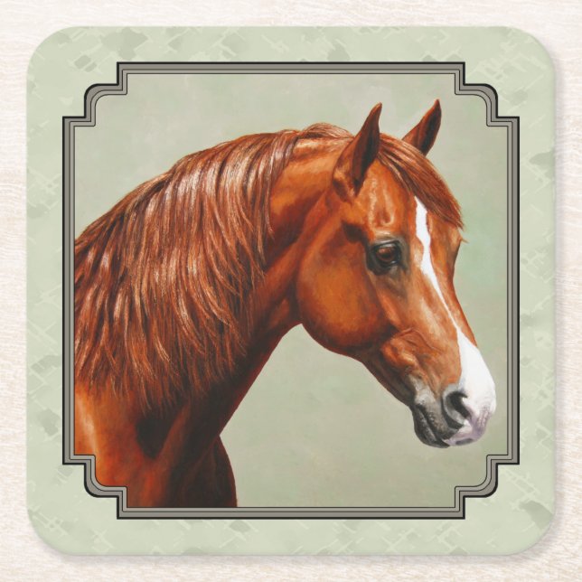 Chestnut Morgan Horse Sage Green Square Paper Coaster (Front)