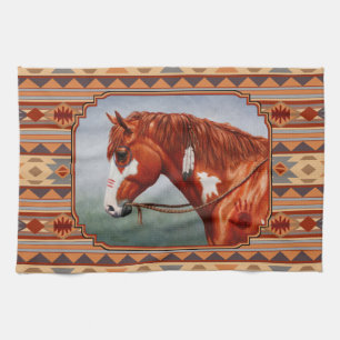 Chestnut Pinto Horse Southwest Indian Design Kitchen Towel
