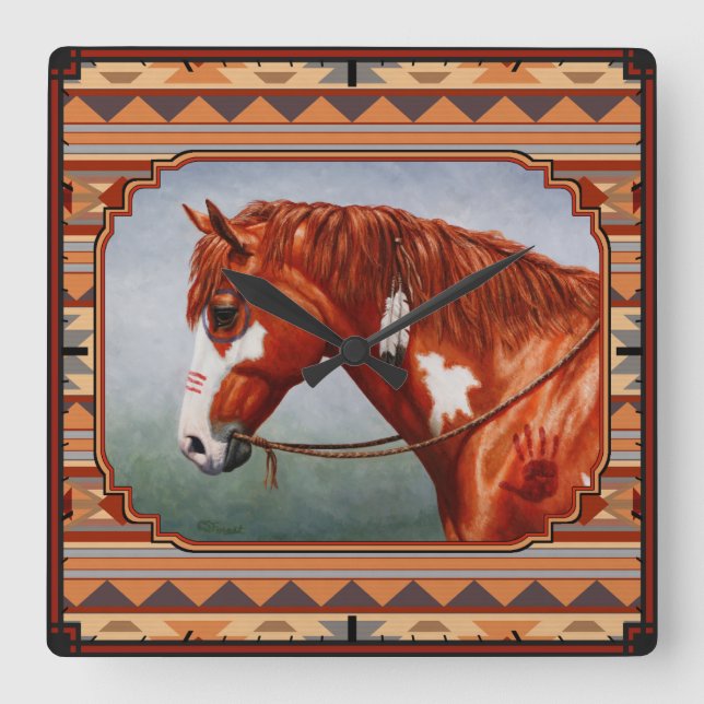 Chestnut Pinto Horse Southwest Indian Design Square Wall Clock (Front)