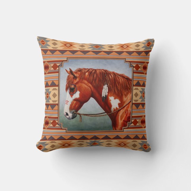 Chestnut Pinto Horse Southwest Indian Design Throw Pillow (Front)