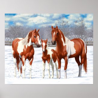 Chestnut Pinto Horses In Snow Poster