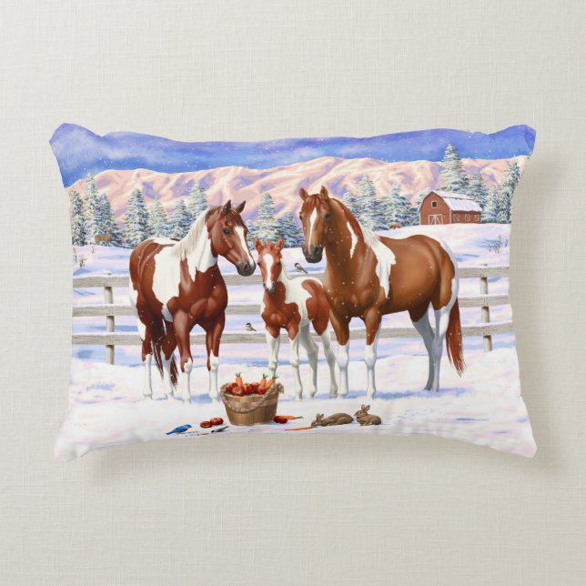 Chestnut Pinto Sorrel Paint Quarter Horses In Snow Accent Pillow (Front)