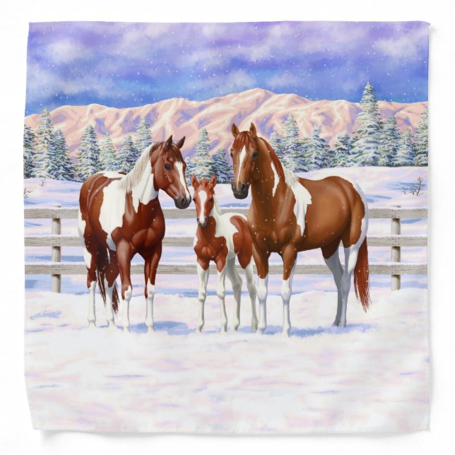 Chestnut Pinto Sorrel Paint Quarter Horses In Snow Bandana (Front)