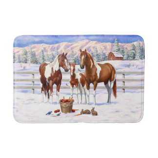 Chestnut Pinto Sorrel Paint Quarter Horses In Snow Bath Mat