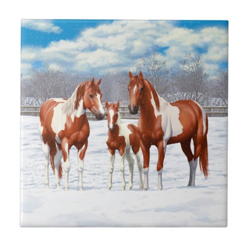 Chestnut Pinto Sorrel Paint Quarter Horses In Snow Ceramic Tile