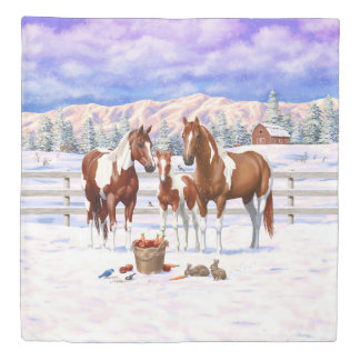 Chestnut Pinto Sorrel Paint Quarter Horses In Snow Duvet Cover