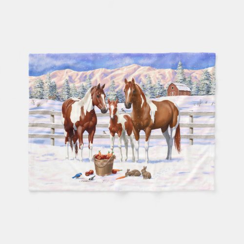 Chestnut Pinto Sorrel Paint Quarter Horses In Snow Fleece Blanket