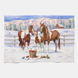 Chestnut Pinto Sorrel Paint Quarter Horses In Snow Kitchen Towel