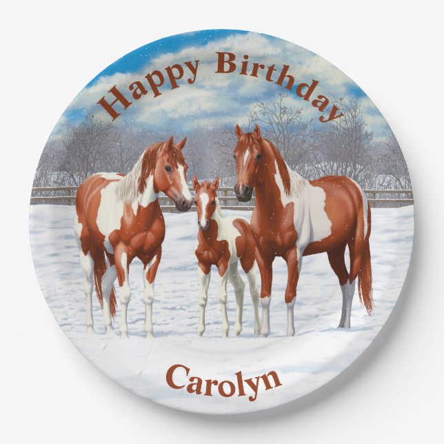 Chestnut Pinto Sorrel Paint Quarter Horses In Snow Paper Plates (Front)