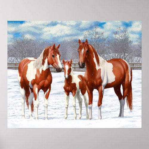 Chestnut Pinto Sorrel Paint Quarter Horses In Snow Poster