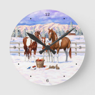 Chestnut Pinto Sorrel Paint Quarter Horses In Snow Round Clock