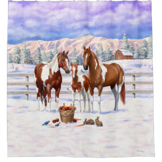 Chestnut Pinto Sorrel Paint Quarter Horses In Snow Shower Curtain