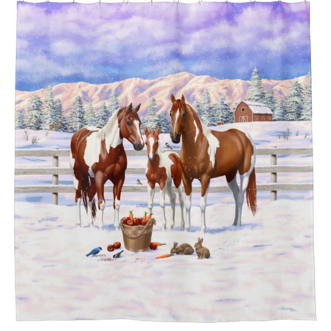 Chestnut Pinto Sorrel Paint Quarter Horses In Snow Shower Curtain (Front)