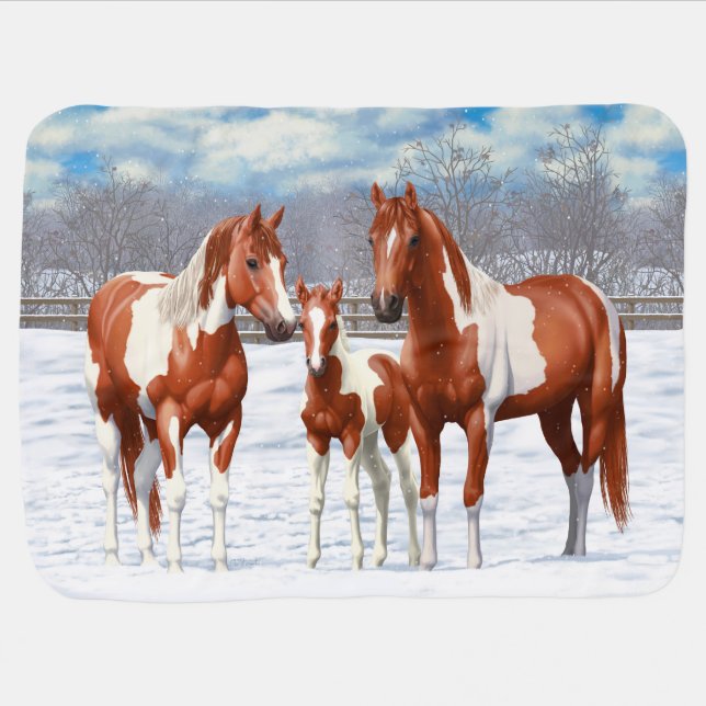 Chestnut Pinto Sorrel Paint Quarter Horses In Snow Stroller Blanket (Horizontal)