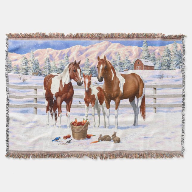 Chestnut Pinto Sorrel Paint Quarter Horses In Snow Throw Blanket (Front)