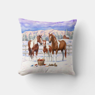 Chestnut Pinto Sorrel Paint Quarter Horses In Snow Throw Pillow