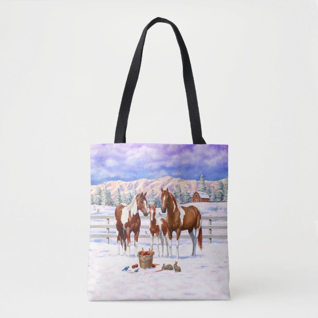 Chestnut Pinto Sorrel Paint Quarter Horses In Snow Tote Bag (Front)
