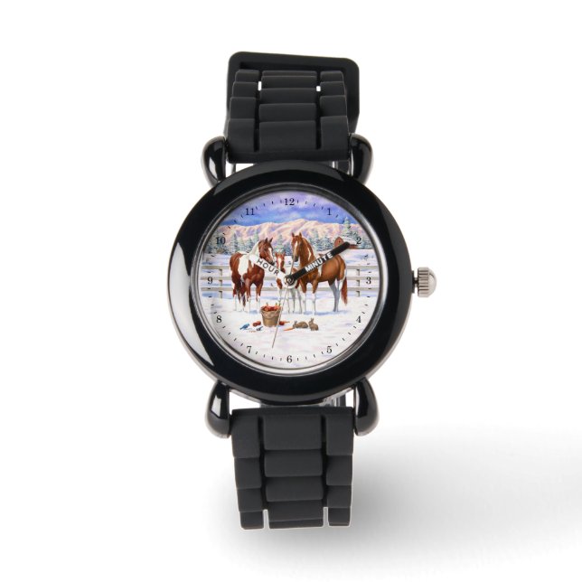 Chestnut Pinto Sorrel Paint Quarter Horses In Snow Watch (Front)