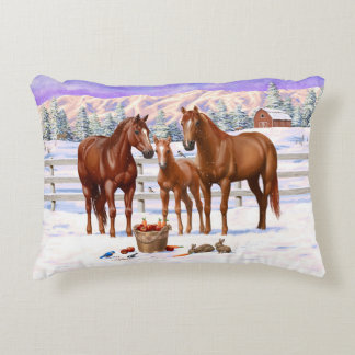 Chestnut Sorrel Quarter Horses In Snow Accent Pillow