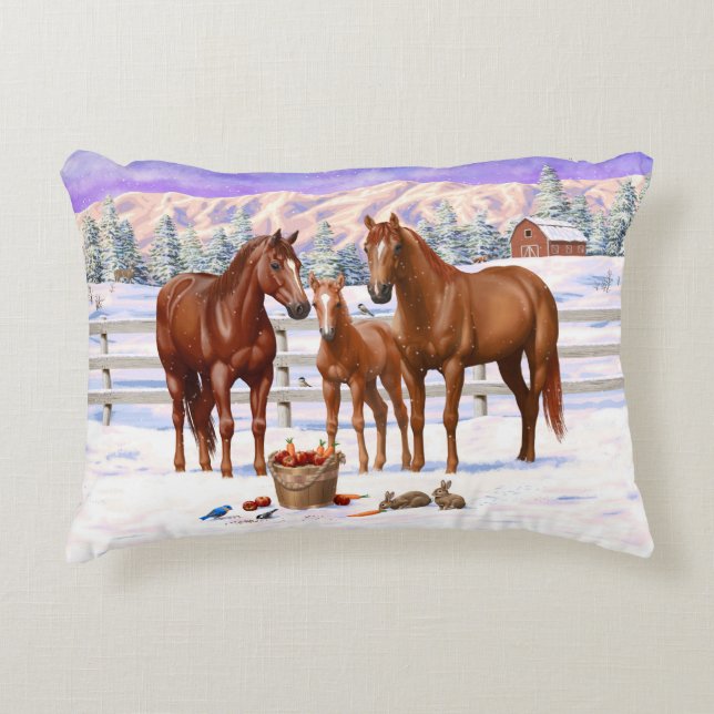 Chestnut Sorrel Quarter Horses In Snow Accent Pillow (Front)