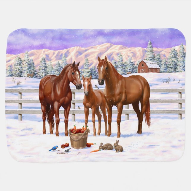 Chestnut Sorrel Quarter Horses In Snow Baby Blanket (Horizontal)