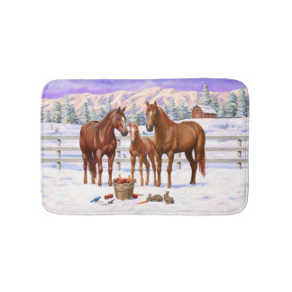 Chestnut Sorrel Quarter Horses In Snow Bath Mat