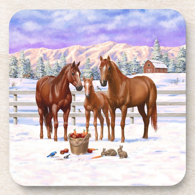 Chestnut Sorrel Quarter Horses In Snow Beverage Coaster (Front)