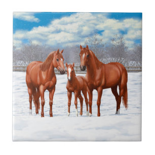 Chestnut Sorrel Quarter Horses In Snow Ceramic Tile