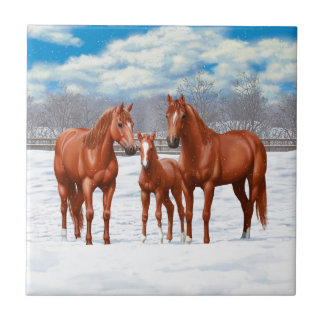 Chestnut Sorrel Quarter Horses In Snow Ceramic Tile