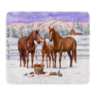 Chestnut Sorrel Quarter Horses In Snow Cutting Board