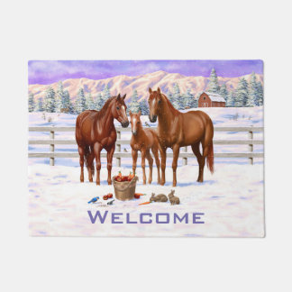Chestnut Sorrel Quarter Horses In Snow Doormat