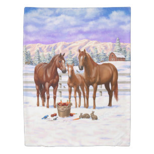 Chestnut Sorrel Quarter Horses In Snow Duvet Cover