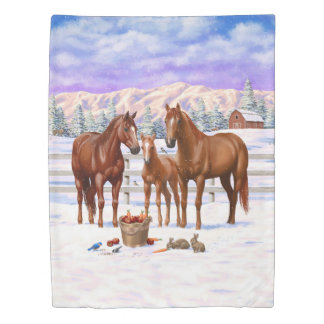 Chestnut Sorrel Quarter Horses In Snow Duvet Cover