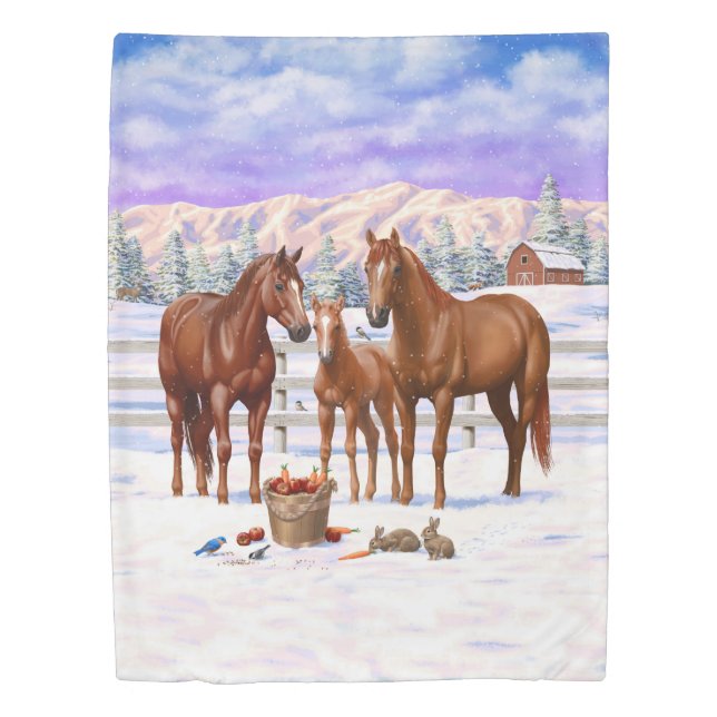 Chestnut Sorrel Quarter Horses In Snow Duvet Cover (Front)