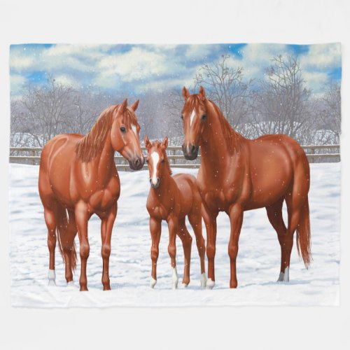 Chestnut Sorrel Quarter Horses In Snow Fleece Blanket
