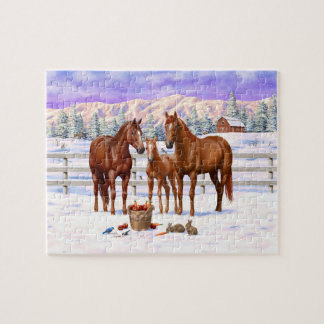 Chestnut Sorrel Quarter Horses In Snow Jigsaw Puzzle